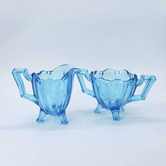 Rare Vintage Indiana Glass Colonial Etched Electric Blue 4" Cream & Sugar EPAG - Picture 4 of 6